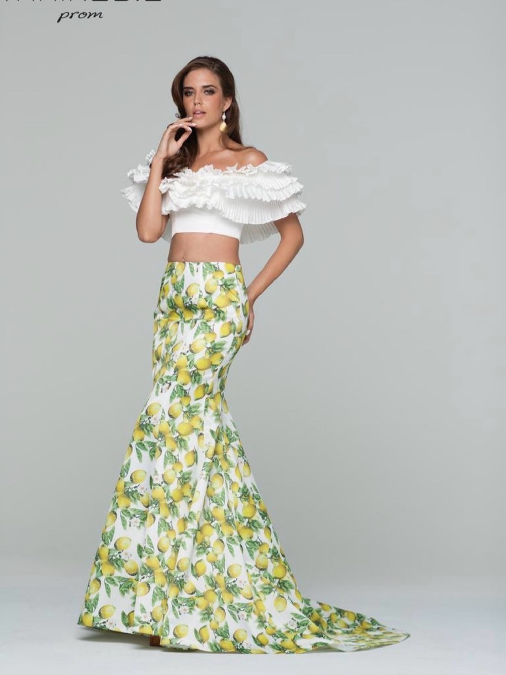 Tarik Ediz White and Yellow Lemon-Print two piece Mermaid Gown